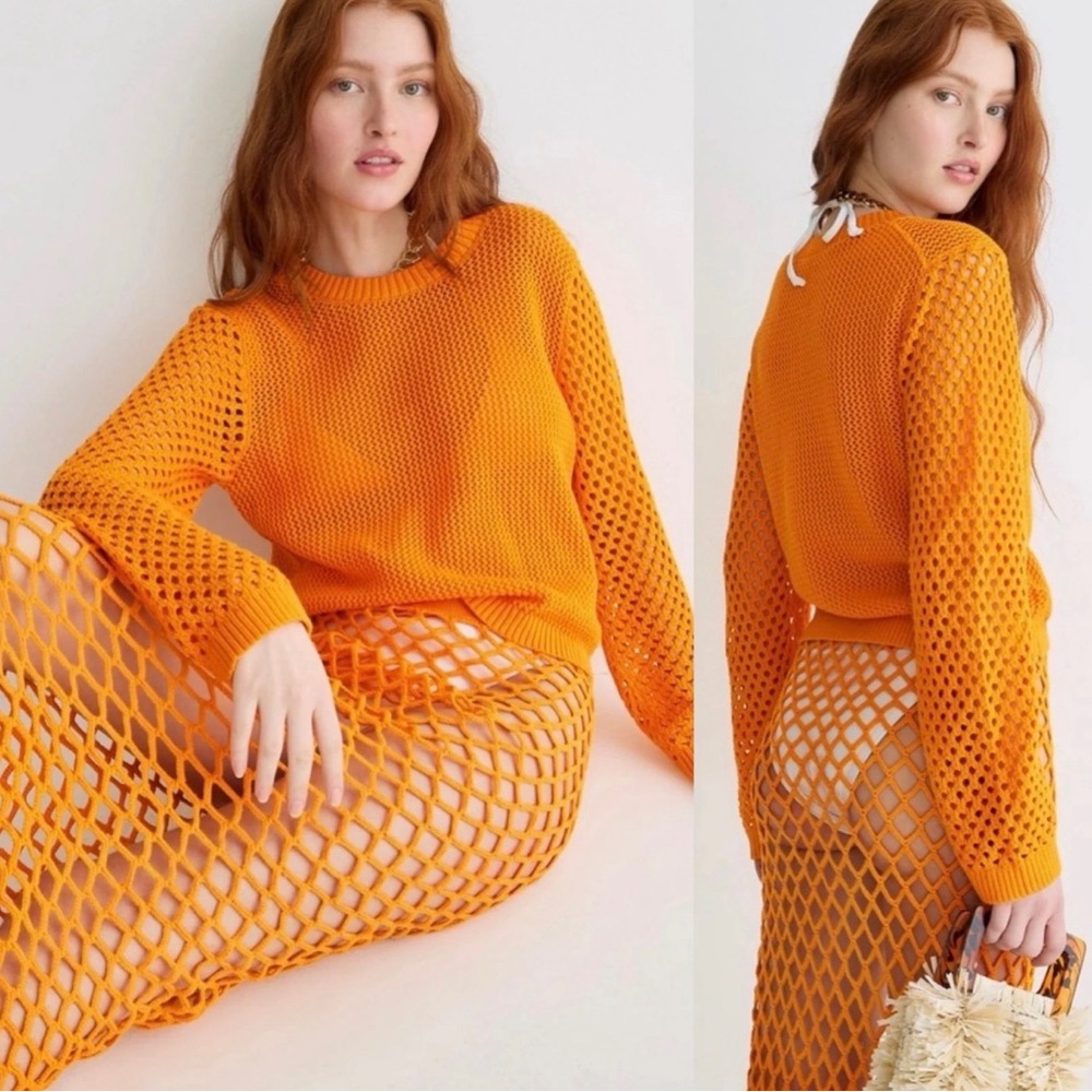 J.Crew Crochet Crewneck Beach Pullover Sweater Bright Orange Size Small Resort